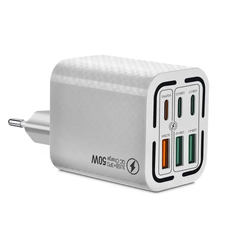 50W 3USB+3Type-C 6 Ports Fast Charging Cell Phone Charger EU Plug (White)