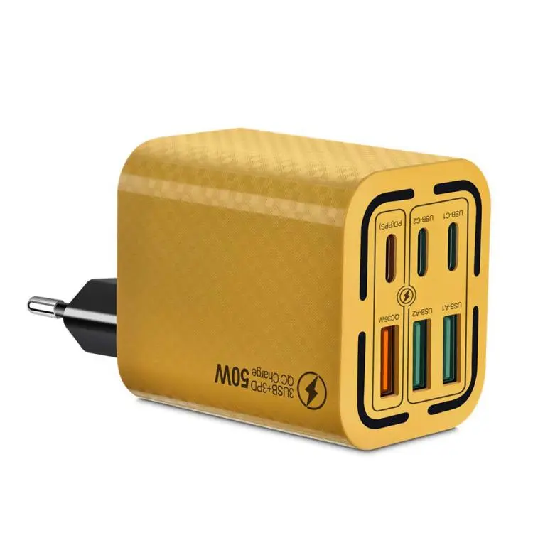 50W 3USB+3Type-C 6 Ports Fast Charging Cell Phone Charger EU Plug (Yellow)