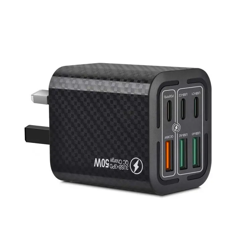 50W 3USB+3Type-C 6 Ports Fast Charging Cell Phone Charger UK Plug (Black)