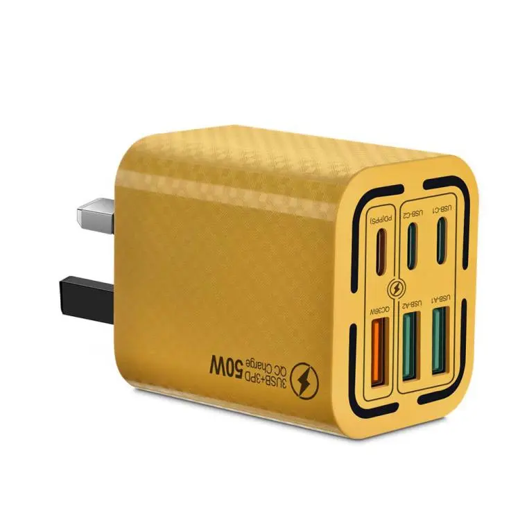 50W 3USB+3Type-C 6 Ports Fast Charging Cell Phone Charger UK Plug (Yellow)