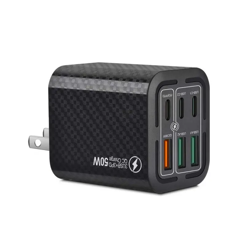 50W 3USB+3Type-C 6 Ports Fast Charging Cell Phone Charger US Plug (Black)