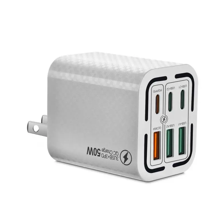 50W 3USB+3Type-C 6 Ports Fast Charging Cell Phone Charger US Plug (White)