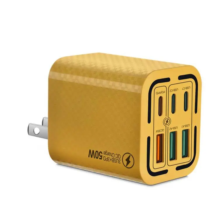 50W 3USB+3Type-C 6 Ports Fast Charging Cell Phone Charger US Plug (Yellow)
