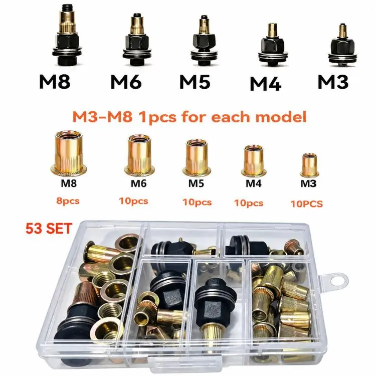 53 PCS/Box M3-M8 Metric Rivet Nut Mandrel Kit Threaded Insert Rivnut Assortment Set