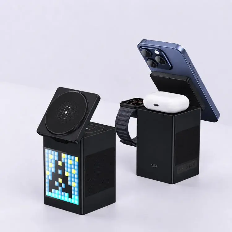 6-In-1 Magnetic Wireless Charging Station With Pixel Art Bluetooth Speaker Magnetic Fast Charger For Phone, IWatch, Eurbuds(Black)