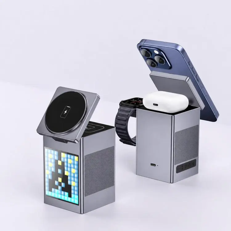 6-In-1 Magnetic Wireless Charging Station With Pixel Art Bluetooth Speaker Magnetic Fast Charger For Phone, IWatch, Eurbuds(Gray)