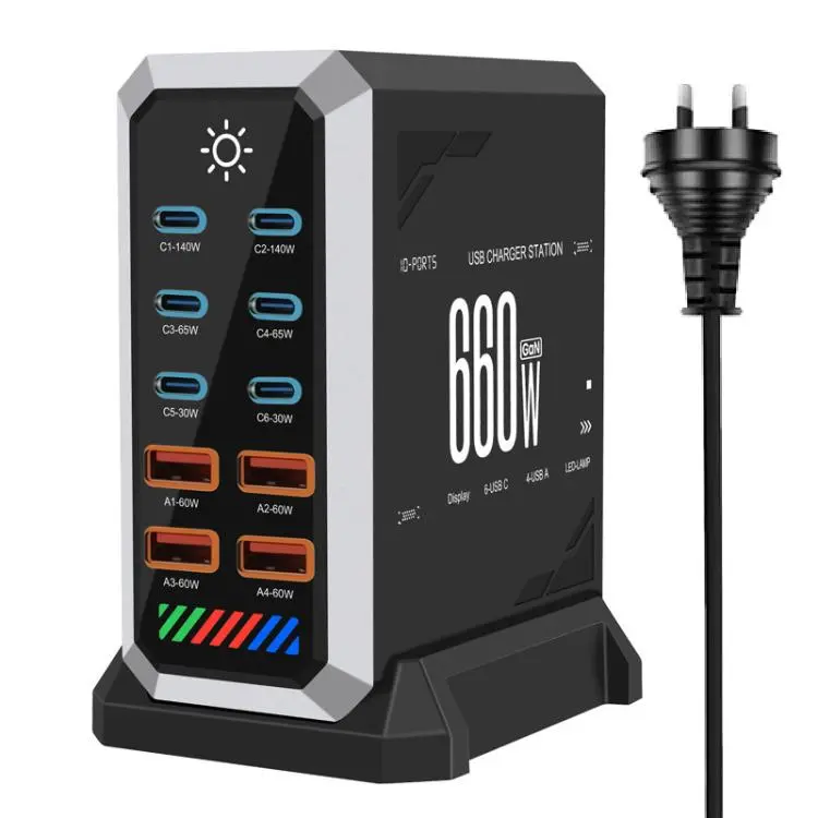 6 Type-C+4 USB Multi-Port 660W High Power Charger Gallium Nitride Desktop Charger AU Plug(Black)