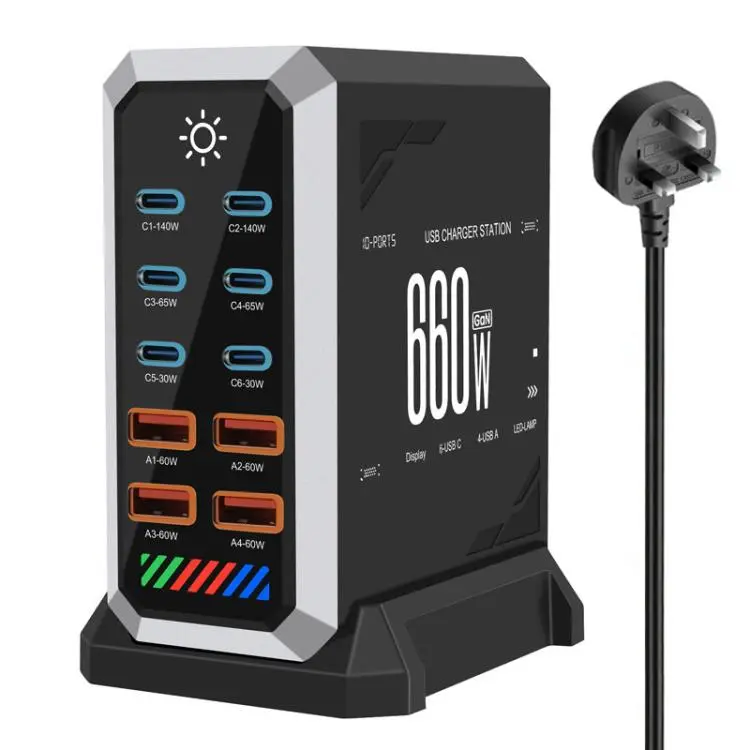 6 Type-C+4 USB Multi-Port 660W High Power Charger Gallium Nitride Desktop Charger UK Plug(Black)
