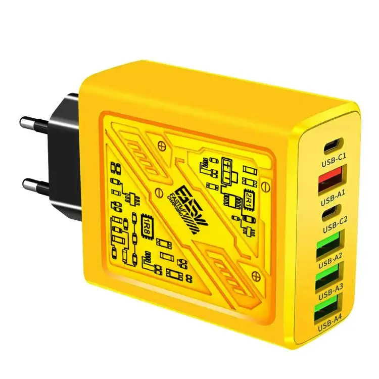 65W 2Type-C PD+4USB 6 Interface Cell Phone Charger EU Plug (Yellow)
