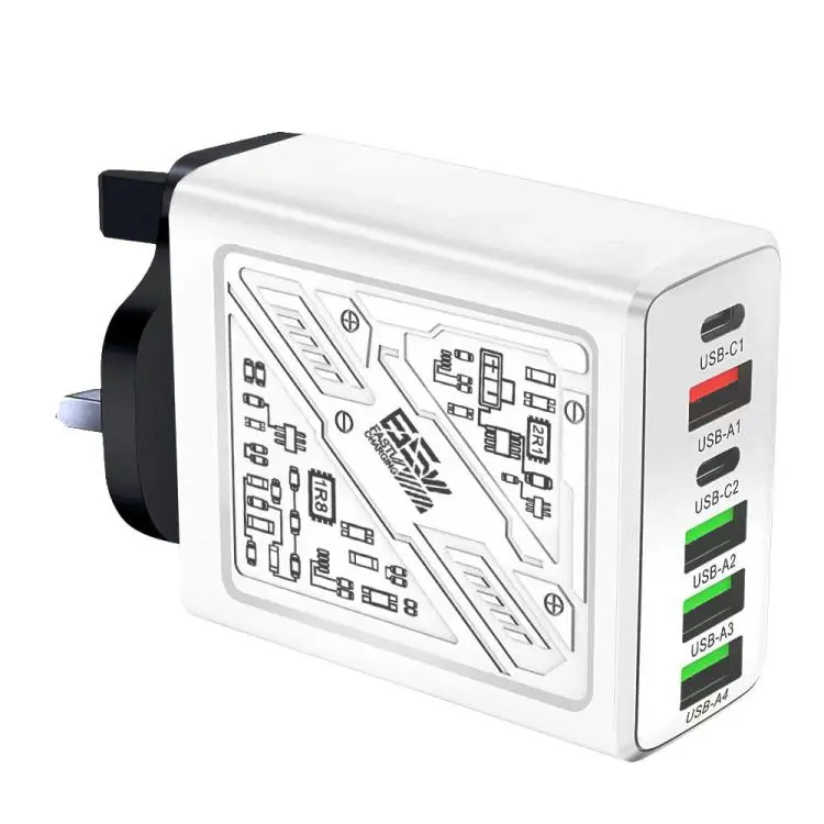 65W 2Type-C PD+4USB 6 Interface Cell Phone Charger UK Plug (White)