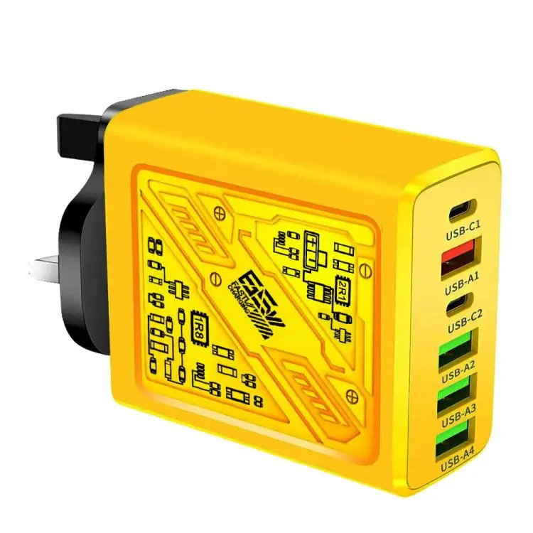 65W 2Type-C PD+4USB 6 Interface Cell Phone Charger UK Plug (Yellow)