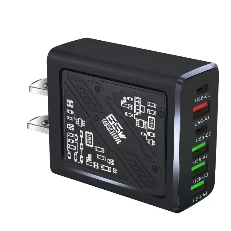 65W 2Type-C PD+4USB 6 Interface Cell Phone Charger US Plug (Black)