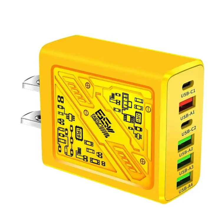 65W 2Type-C PD+4USB 6 Interface Cell Phone Charger US Plug (Yellow)