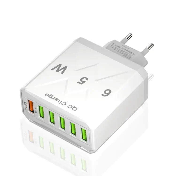 65W 6USB Ports QC3.0 Fast Charging Cell Phone Charger EU Plug (White)