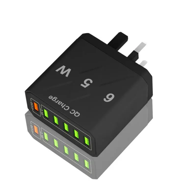 65W 6USB Ports QC3.0 Fast Charging Cell Phone Charger UK Plug (Black)
