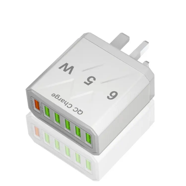 65W 6USB Ports QC3.0 Fast Charging Cell Phone Charger UK Plug (White)