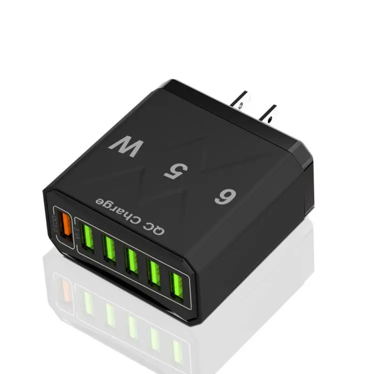 65W 6USB Ports QC3.0 Fast Charging Cell Phone Charger US Plug (Black)
