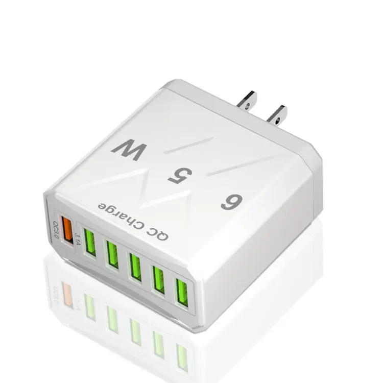 65W 6USB Ports QC3.0 Fast Charging Cell Phone Charger US Plug (White)