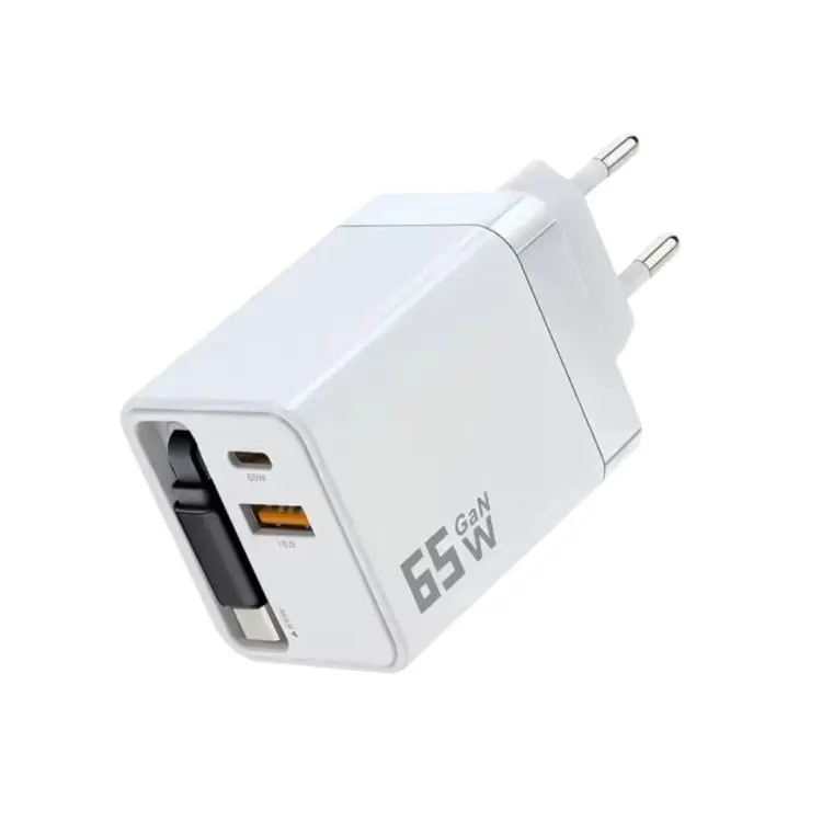 65W GaN Wall Charger With Built-In Retractable USB-C Cable 3-Port Fast Charging Block EU Plug(White)