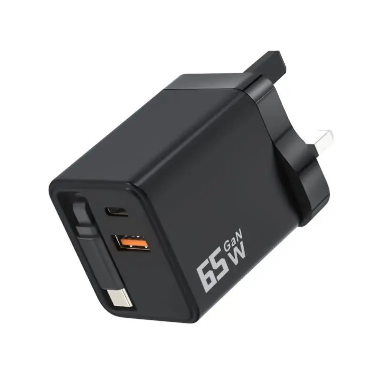 65W GaN Wall Charger With Built-In Retractable USB-C Cable 3-Port Fast Charging Block UK Plug(Black)