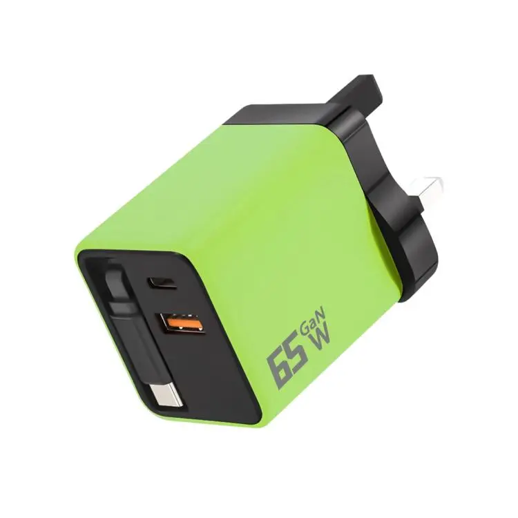 65W GaN Wall Charger With Built-In Retractable USB-C Cable 3-Port Fast Charging Block UK Plug(Green)