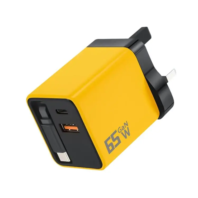 65W GaN Wall Charger With Built-In Retractable USB-C Cable 3-Port Fast Charging Block UK Plug(Yellow)