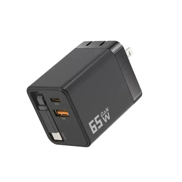 65W GaN Wall Charger With Built-In Retractable USB-C Cable 3-Port Fast Charging Block US Plug(Black)