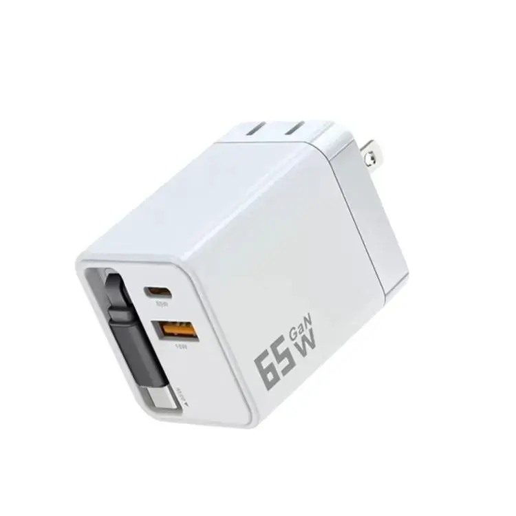 65W GaN Wall Charger With Built-In Retractable USB-C Cable 3-Port Fast Charging Block US Plug(White)
