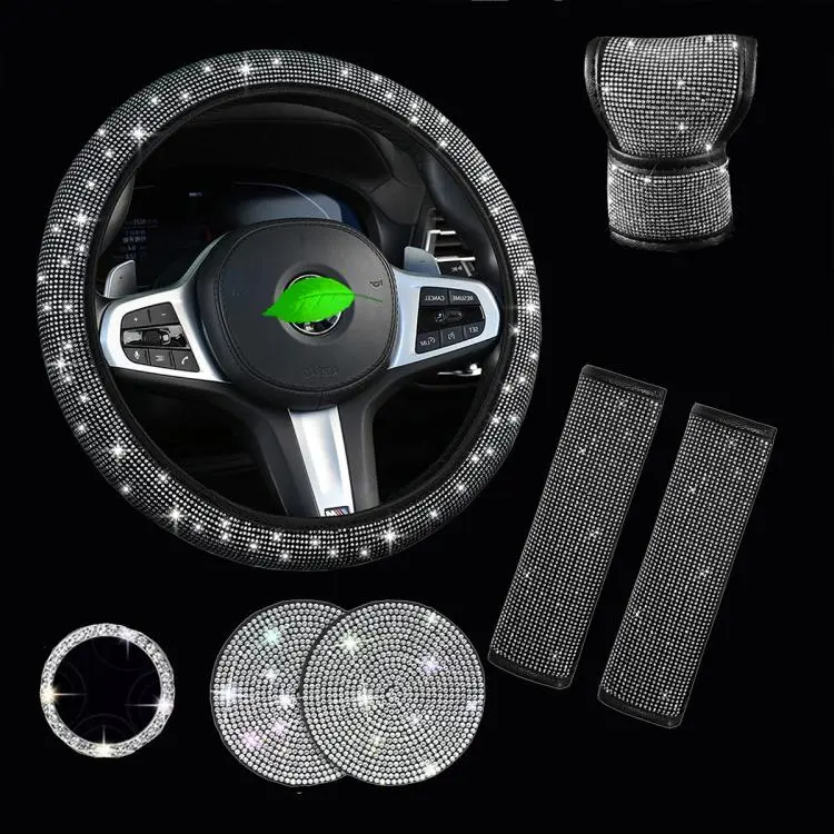 7 in 1 Set Car Diamond Studded Steering Wheel Cover, Diameter