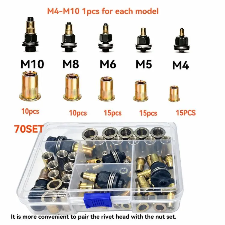 70 PCS/Box M4-M10 Metric Rivet Nut Mandrel Kit Threaded Insert Rivnut Assortment Set