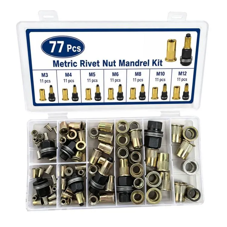 77 PCS/Box M3-M12 Metric Rivet Nut Mandrel Kit Threaded Insert Rivnut Assortment Set