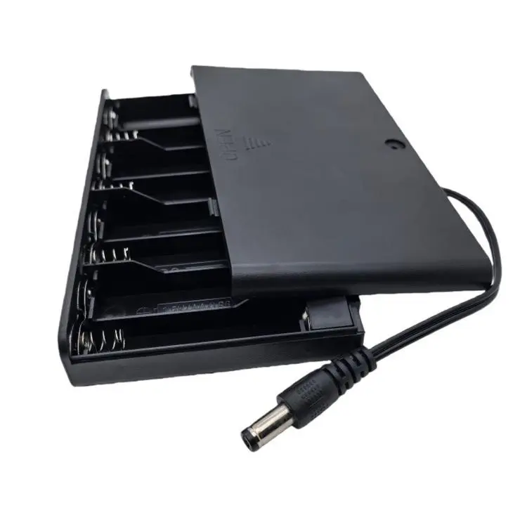 8 AA Battery Holder with Cover and ON/OFF Switch Flat 12V Battery Case with 5.5mm x 2.1mm DC Male Plug(Black)