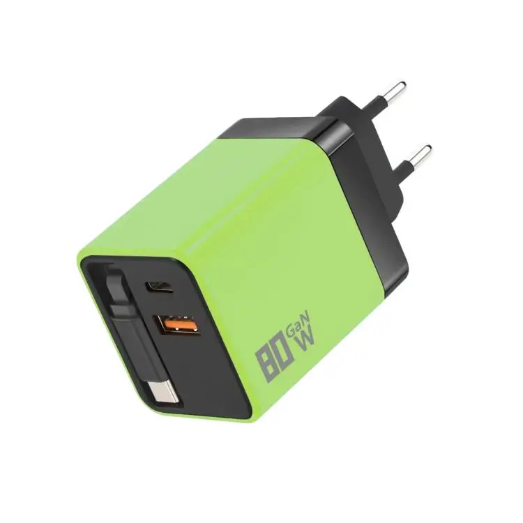 80W GaN Wall Charger With Built-In Retractable USB-C Cable 3-Port Fast Charging Block EU Plug(Green)