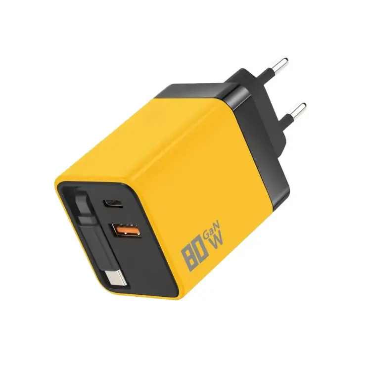 80W GaN Wall Charger With Built-In Retractable USB-C Cable 3-Port Fast Charging Block EU Plug(Orange)