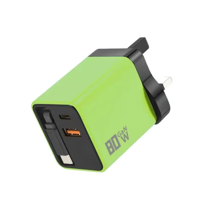 80W GaN Wall Charger With Built-In Retractable USB-C Cable 3-Port Fast Charging Block UK Plug(Green)