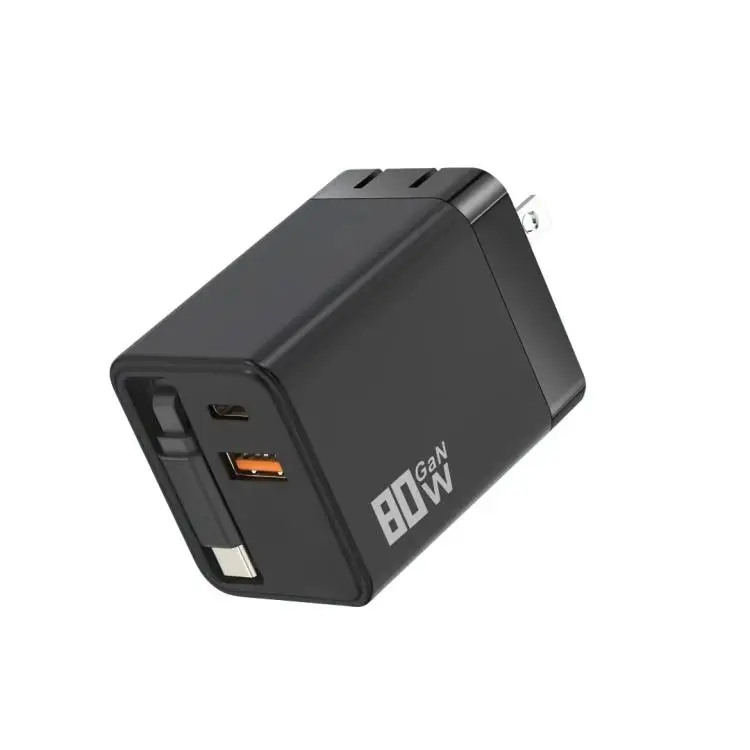 80W GaN Wall Charger With Built-In Retractable USB-C Cable 3-Port Fast Charging Block US Plug(Black)