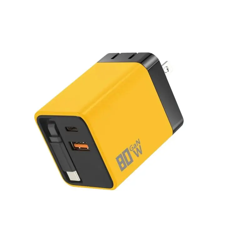80W GaN Wall Charger With Built-In Retractable USB-C Cable 3-Port Fast Charging Block US Plug(Orange)