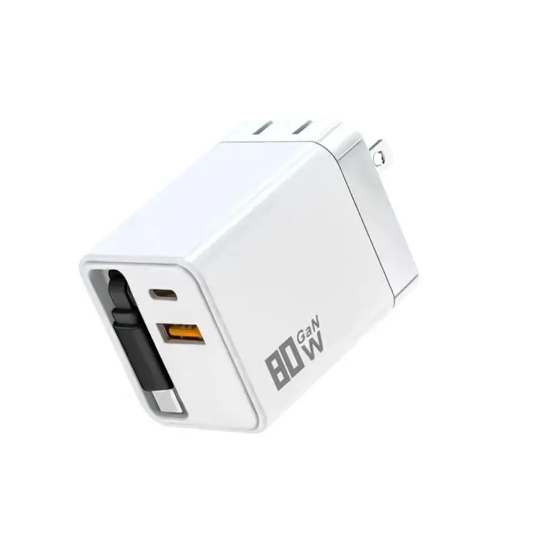 80W GaN Wall Charger With Built-In Retractable USB-C Cable 3-Port Fast Charging Block US Plug(White)