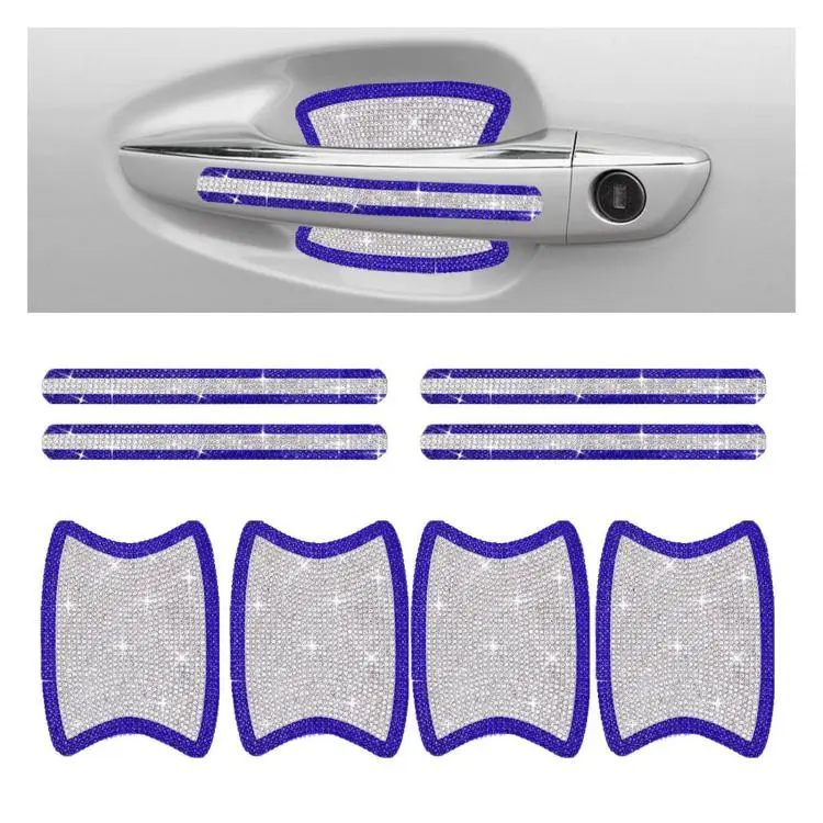 8pcs / Set Rhinestone Car Door Handle & Door Bowl Stickers Anti-Scratch Door Decor Decals(Blue White)