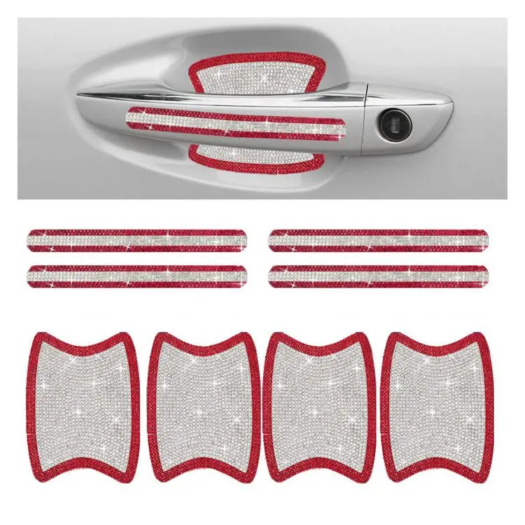 8pcs / Set Rhinestone Car Door Handle & Door Bowl Stickers Anti-Scratch Door Decor Decals(Red White)