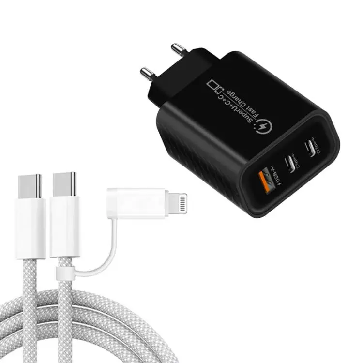 949-2C1A PD25W Type-C x 2, USB 3.0 Charger with Type-C to Type-C / 8 Pin Cable, EU Plug(Black)