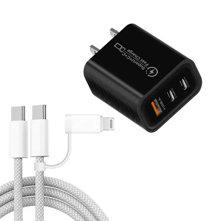 949-2C1A PD25W Type-C x 2, USB 3.0 Charger with Type-C to Type-C / 8 Pin Cable, US Plug(Black)
