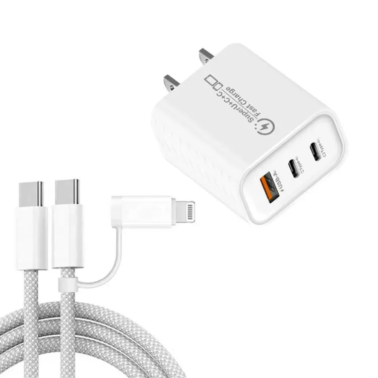 949-2C1A PD25W Type-C x 2, USB 3.0 Charger with Type-C to Type-C / 8 Pin Cable, US Plug(White)