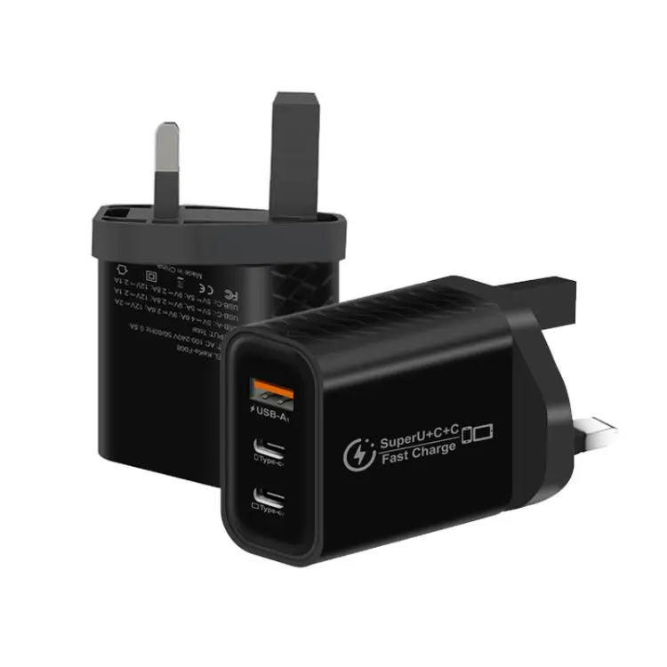 949-2C1A PD25W Type-C x 2, USB 3.0 Multi Compatible Protocol Charger, UK Plug(Black)