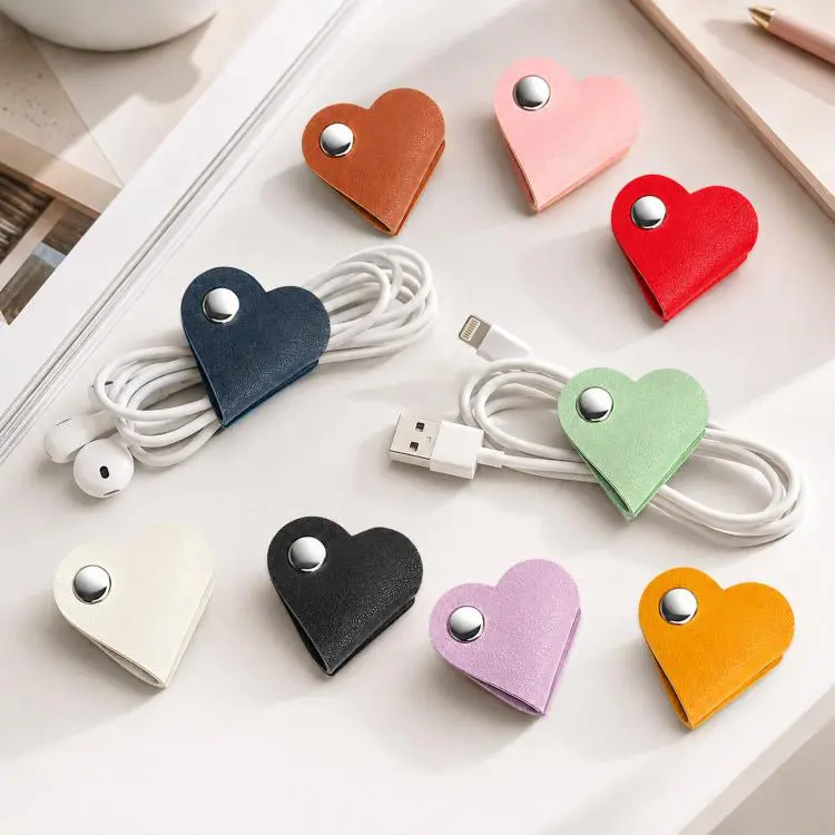 9pcs /Pack Heart Leather Cord Organizer Cute PU Leather Cable Straps for Charging Cord & Headphone, Reusable Wire Keeper Wrap with Metal Snap Clip(Mixed Color)