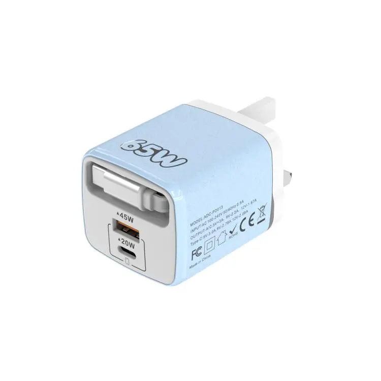 ADC-PD013 Sugar Cube 65W Type-C and USB Dual-port Fast Charger with Type-C Retractable Cable, Plug
