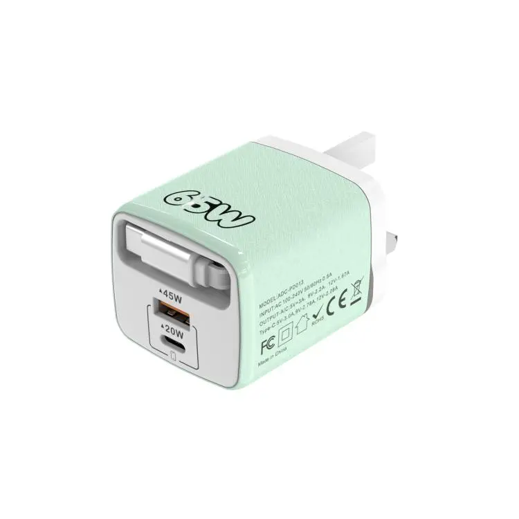 ADC-PD013 Sugar Cube 65W Type-C and USB Dual-port Fast Charger with Type-C Retractable Cable, Plug