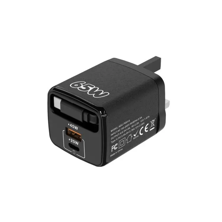 ADC-PD013 Sugar Cube 65W Type-C and USB Dual-port Fast Charger with Type-C Retractable Cable, Plug