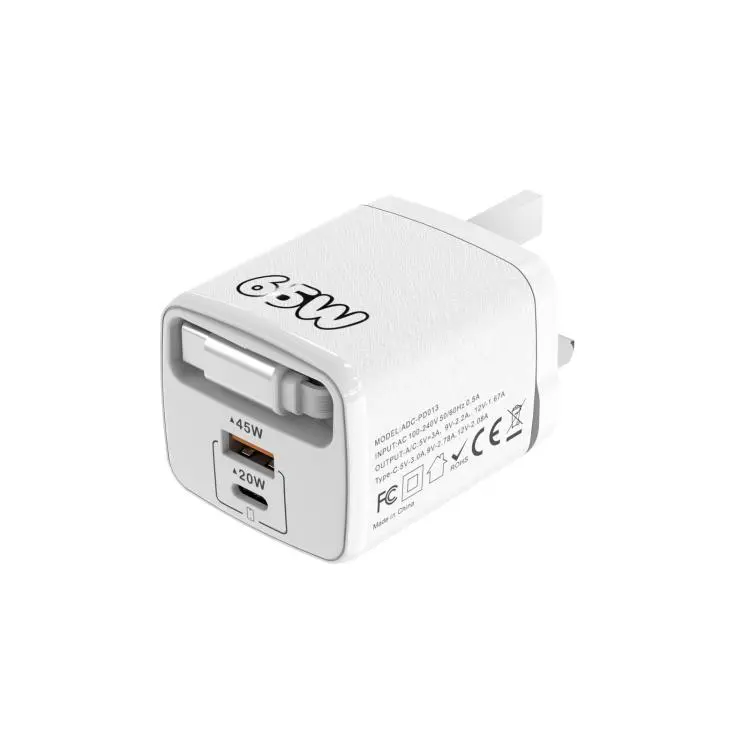 ADC-PD013 Sugar Cube 65W Type-C and USB Dual-port Fast Charger with Type-C Retractable Cable, Plug