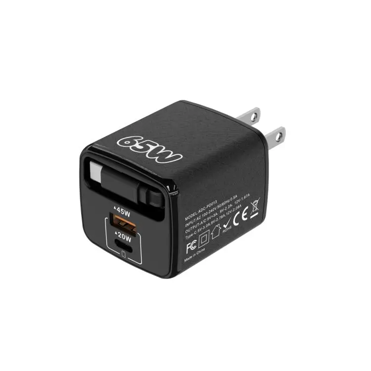ADC-PD013 Sugar Cube 65W Type-C and USB Dual-port Fast Charger with Type-C Retractable Cable, Plug